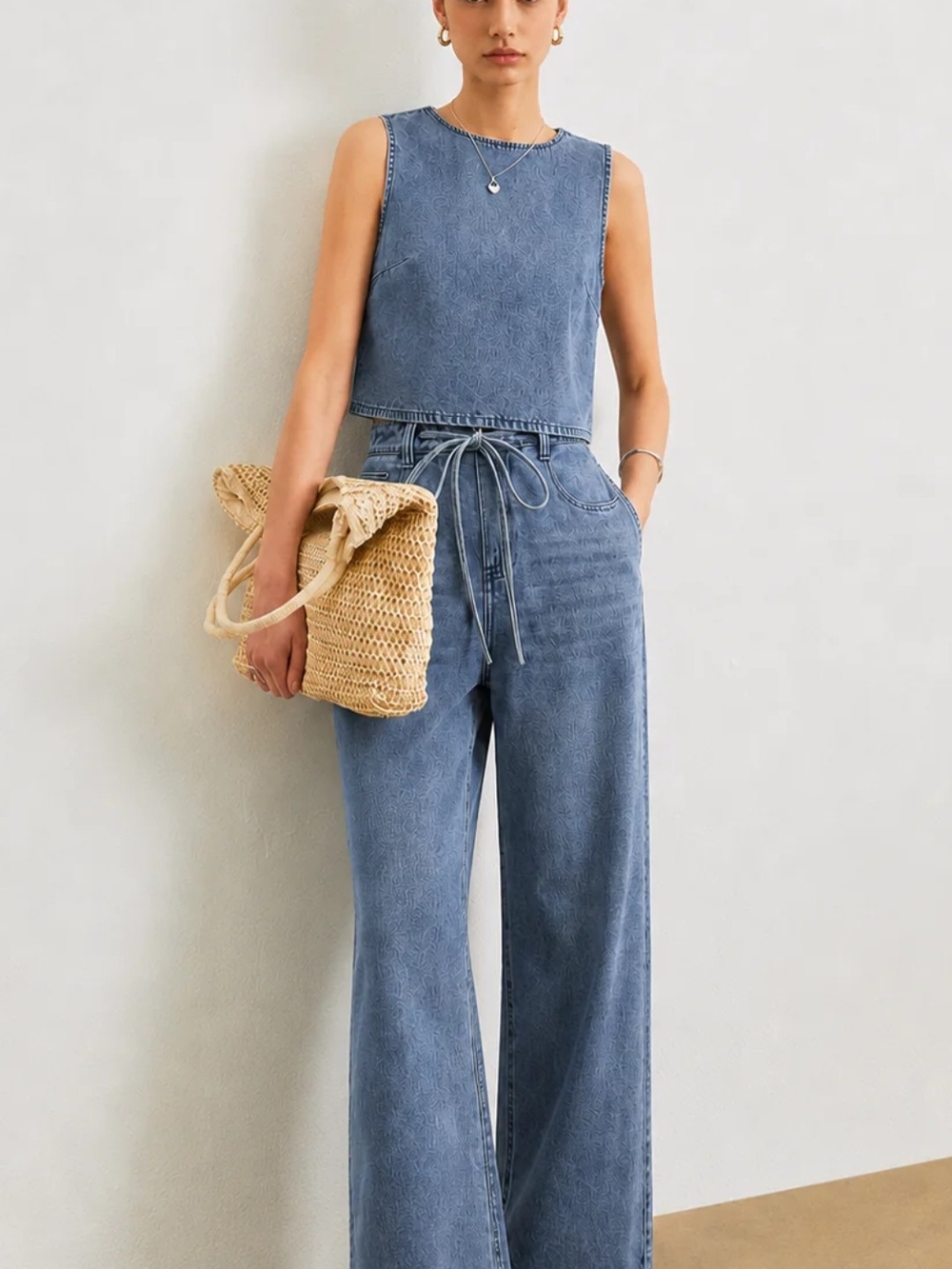 Commense Sleeveless Wide-Leg Denim Set in Light Blue
